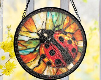 Ladybug Lover Gift Stained Glass Suncatcher, Gardener Mom Present Window Hanging, Nature Hobby Sun Catcher
