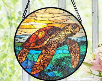 Atrapasueños de vitral con forma de tortuga marina, decoración para ventana con atardecer en la playa, decoración náutica costera, regalo para amantes del océano y la naturaleza.