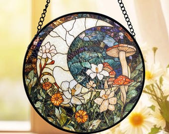 Moon and Mushroom Stained Glass Suncatcher, Enchanted Forest Window Decor, Botanical Nature Theme, Glass Art Panel, Gift for Nature Lovers