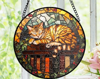 Sleeping Cat On Books Stained Glass Suncatcher, Book Lover Gift Stained Glass, Librarian Hobby Window Hanging, Reader Mom Birthday Decor
