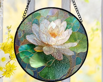 Stained Glass Suncatcher Lotus Flower, Water Lily Art Suncatcher, Floral Nature Suncatcher, Beautiful Lily Pond Decor, Garden Window Hanging