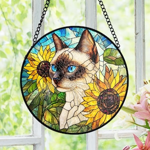Siamese Cat Stained Glass Suncatcher, Cat Lover Suncatcher, Sunflower Window Hanging, Pet Owner Gift Panel Decor