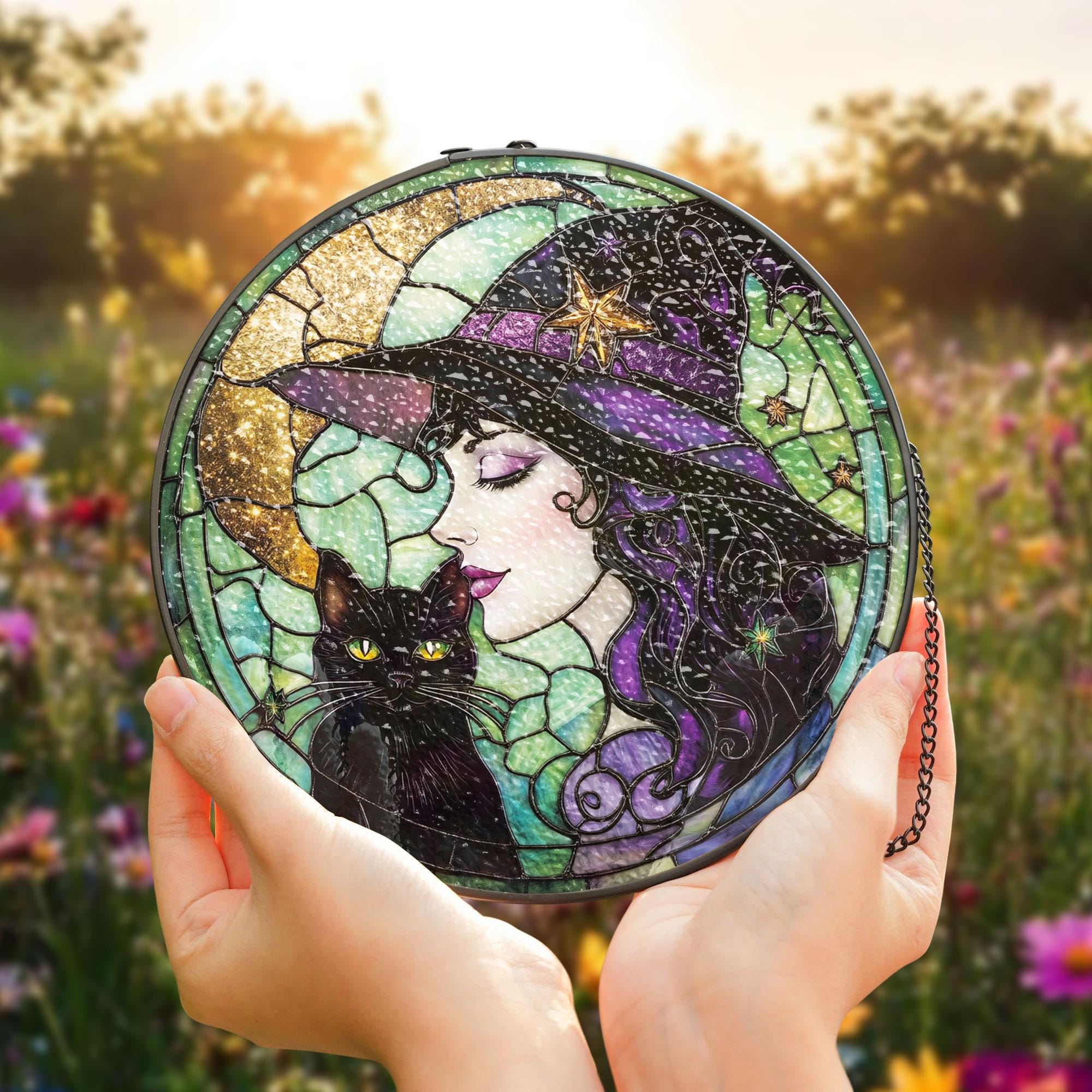 黒猫の魔女ステンドグラスサンキャッチャー、ハロウィン装飾ステンド