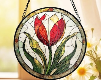Tulip Flower Stained Glass Suncatcher, Gardener Mom Gift Suncatcher, Floral Grandma Window Hanging, Spring Home Decor