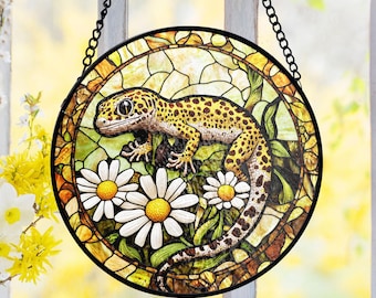 Leopard Gecko Gift Stained Glass Suncatcher, Reptile Lover Window Hanging, Pet Lizard Owner Window Decor