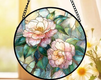 Spring Floral Stained Glass Suncatcher For Mothers Day, Botanical Flower Art Suncatcher, Gardening Hobby Gift For Mom And Grandma