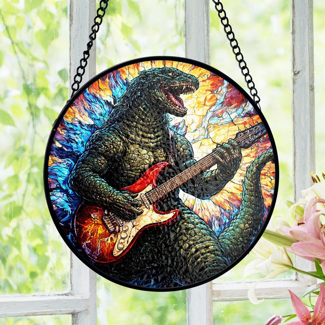 Godzilla Stained Glass Suncatcher, Guitar Monster Window Hanging, Kaiju ...