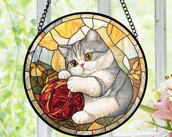 Cat Lover Gift Stained Glass Suncatcher, Knitting Hobby Suncatcher, Crafter Mom Window Hanging, Pet Owner Birthday SunCatcher