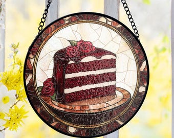 Baker Gift Stained Glass Suncatcher, Pastry Chef Suncatcher, Red Velvet Cake Lover Window Hanging, Foodie Birthday Gift For Mom
