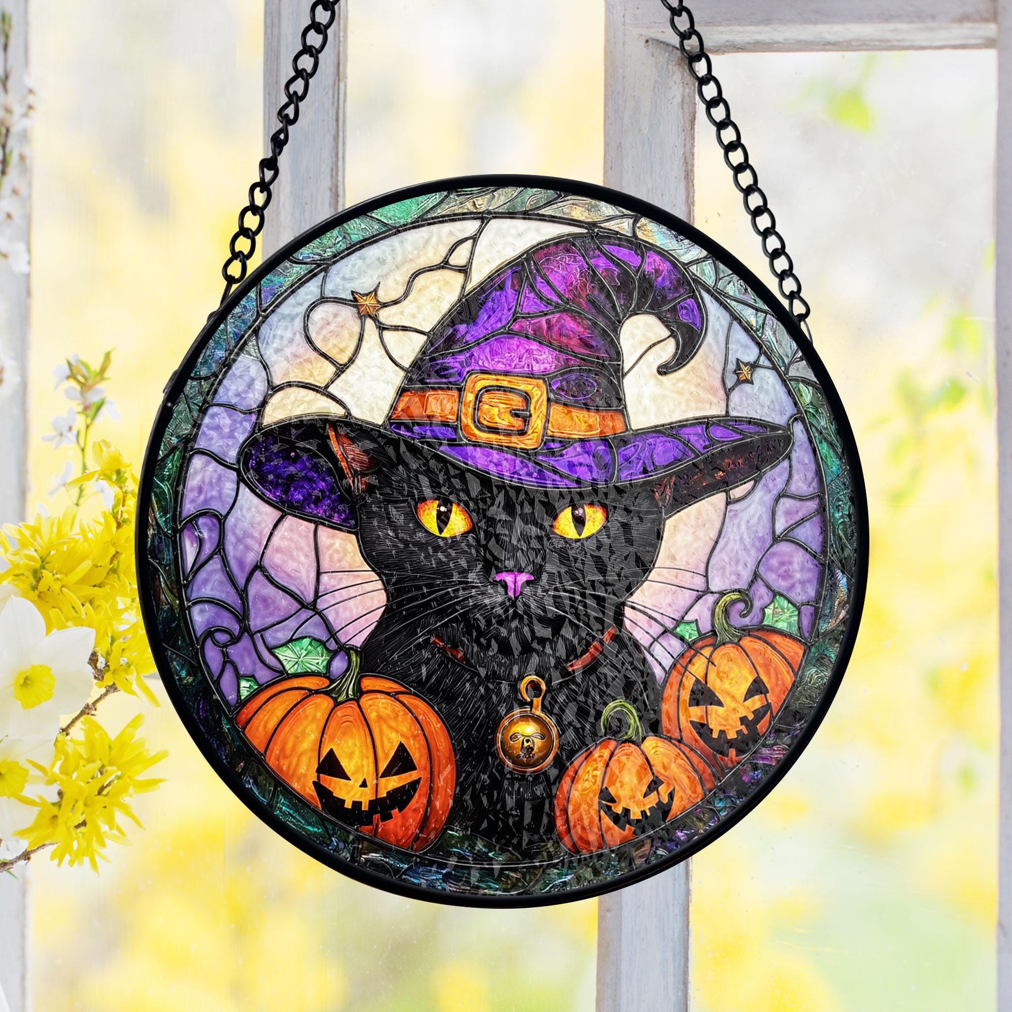 黒猫魔女ハロウィンステンドグラスサンキャッチャー、不気味なカボチャ