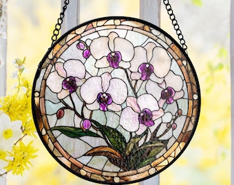 Orchid Flower Stained Glass Suncatcher, Elegant Window Panel, Botanical Decor Art, Vintage Floral Style, Nature Lovers, Gift for Her