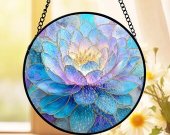 Blue Lotus Flower Stained Glass Suncatcher, Spiritual Zen Decor Window Hanging, Yoga Gift For Mom, Meditation Room Art Suncatcher
