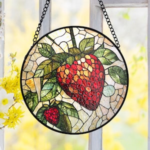 Strawberry Stained Glass Suncatcher, Realistic Berry Detail, Kitchen Window Decor, Garden Style, Glass Panel, Fruit Lovers, Summer Gift