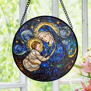 Virgin Mary And Child Stained Glass Suncatcher, Madonna With Baby Jesus Suncatcher, Religious Grandma Window Hanging, Christmas Decor Panel