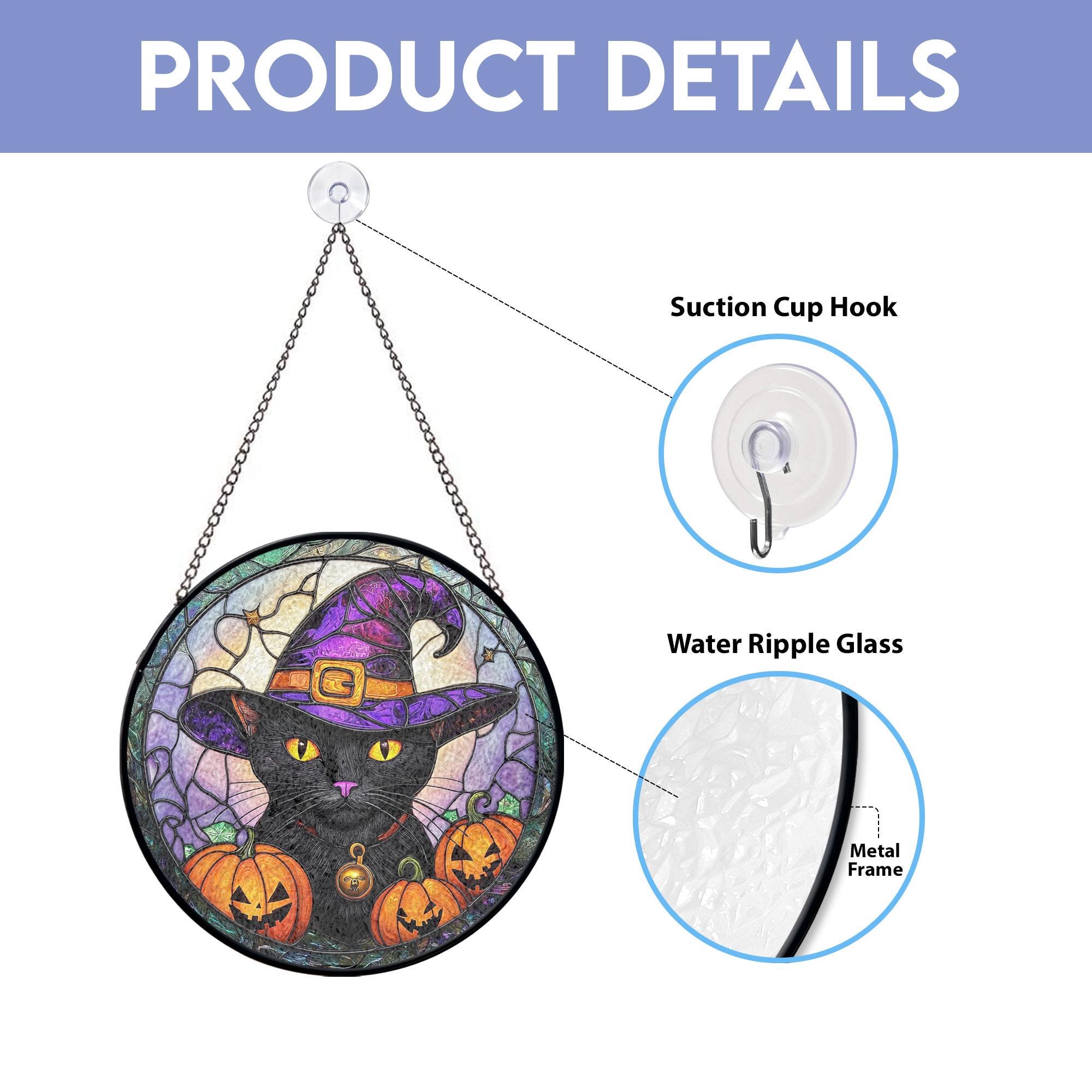 黒猫魔女ハロウィンステンドグラスサンキャッチャー、不気味なカボチャ