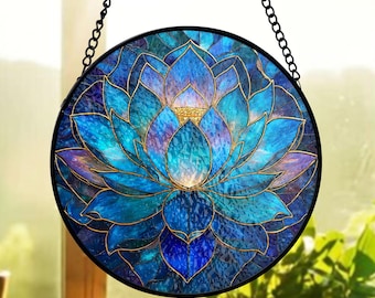 Blue Lotus Flower Stained Glass Suncatcher,Spiritual Enlightenment Window Hanging, Meditation Decor Suncatcher,Zen Yoga Gift,Purity Rebirtha