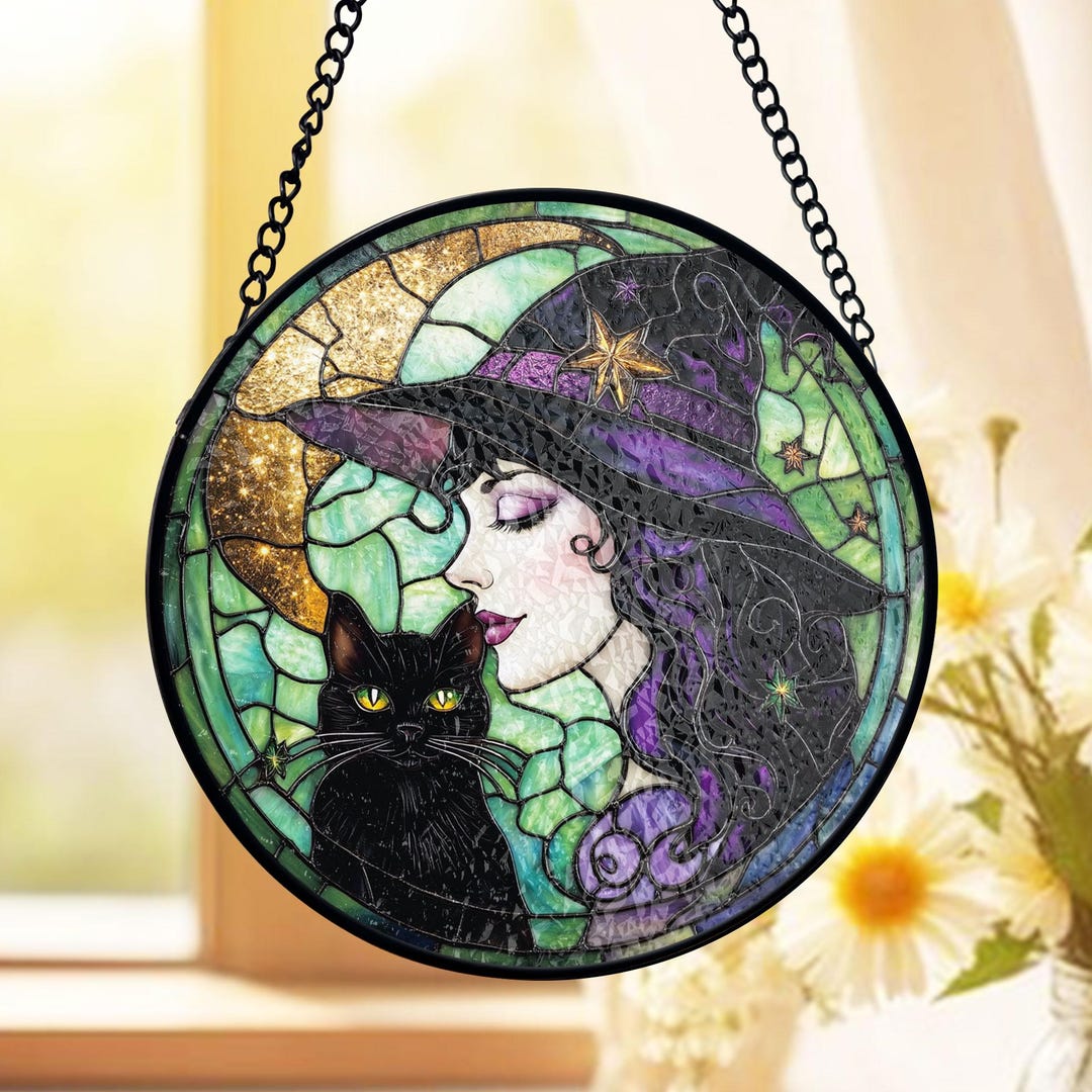 ハロウィンに　ステンドグラス　モビール(黒猫、魔女、おばけ) 黒猫の魔女ステンドグラスサンキャッチャー、ハロウィン装飾ステンド