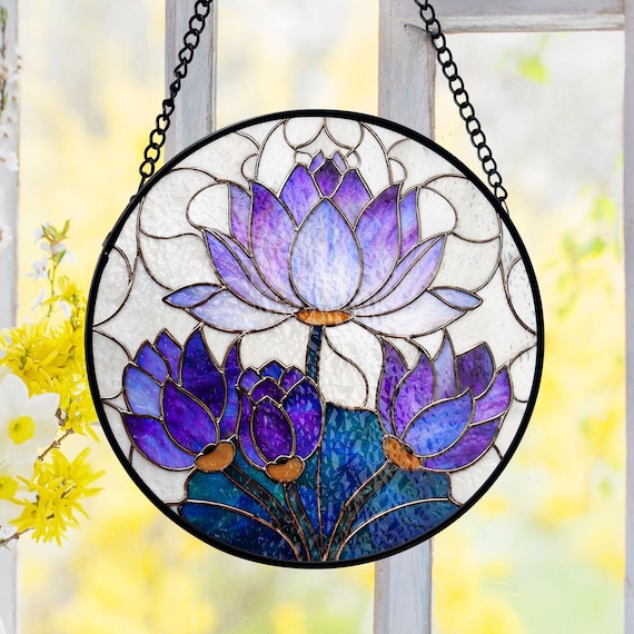 ステンドグラス 花 パネル サンキャッチャー 蓮の花のステンドグラスサンキャッチャー、紫の花のパネル、禅の窓飾り