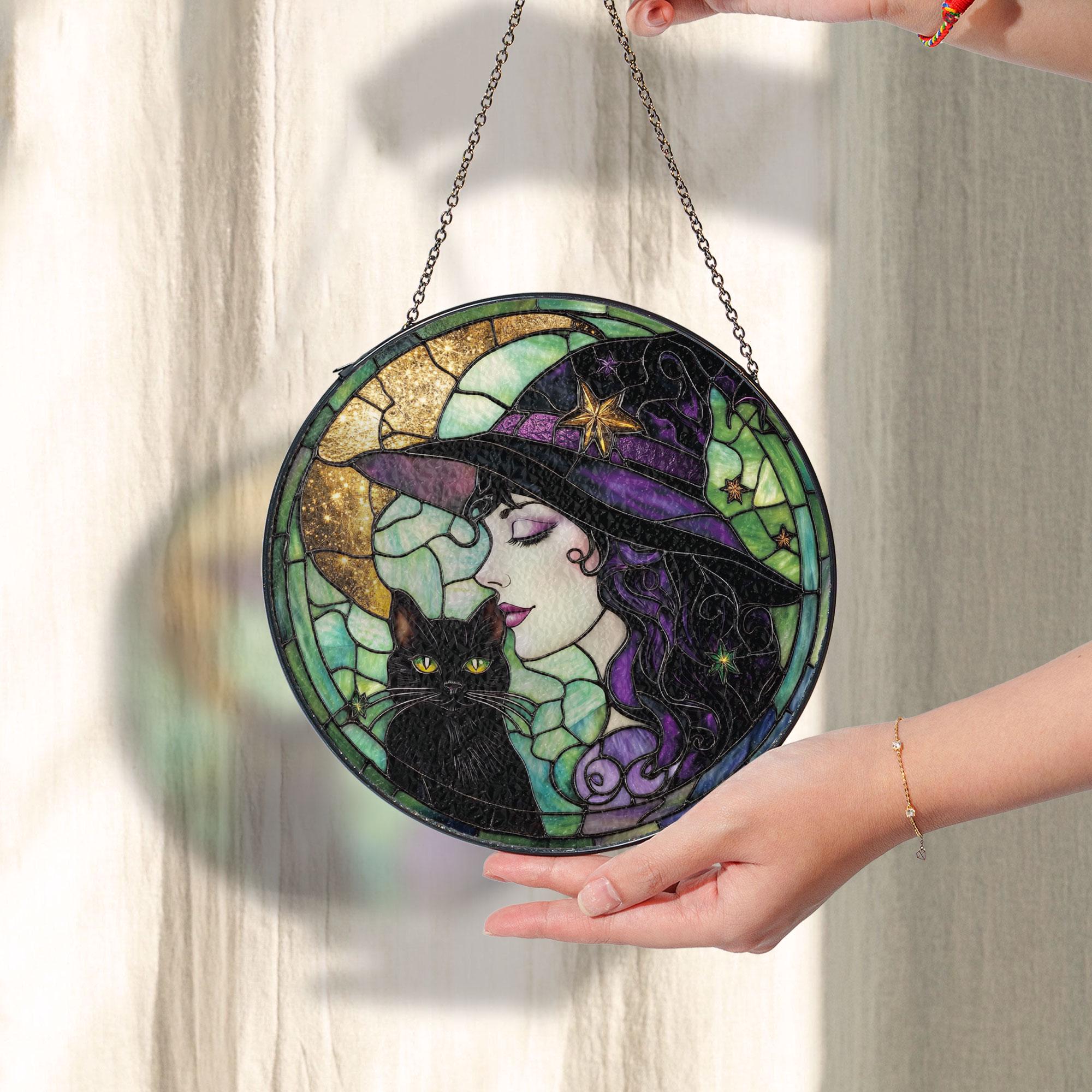 黒猫の魔女ステンドグラスサンキャッチャー、ハロウィン装飾ステンド