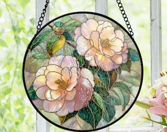 Pink Camellia Flowers Stained Glass Suncatcher, Elegant Floral Window Hanging Decor, Beautiful Flower Art Suncatcher, Nature Lover Gift