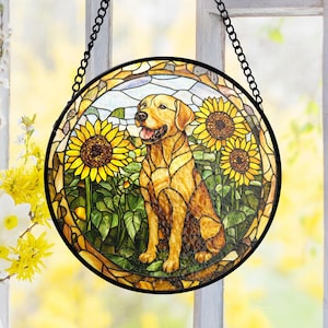 Labrador Stained Glass Suncatcher, Sunflower Dog Window Panel, Farmhouse Garden Style, Pet Lover Decor, Gift for Dog Owners, Dog Lover