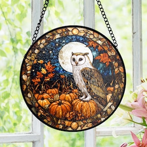 Autumn Owl Stained Glass, Moonlit Pumpkin Patch Window Decor, Halloween Owl Suncatcher, Fall Harvest Gift For Bird Lovers