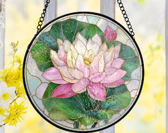 Lotus Flower Stained Glass Suncatcher, Pink Water Lily Window Hanging, Floral Nature Art Suncatcher, Beautiful Lotus Bloom Decor