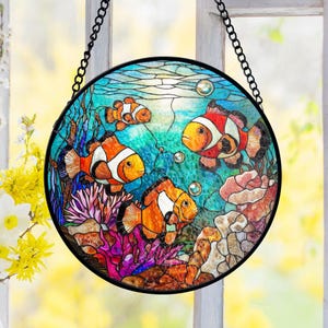 Clownfish Family Stained Glass Suncatcher, Marine Biologist Gift Suncatcher, Ocean Lover Stained Glass, Sea Life Aquarium Decor