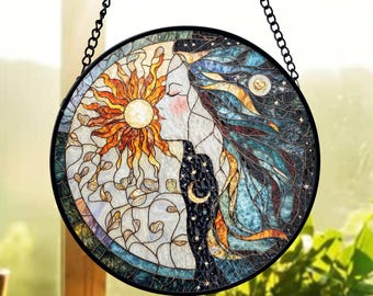 Attrape-soleil en vitrail déesse soleil lune, attrape-soleil céleste, cadeau spirituel pour amateur de yoga, décoration de méditation, tenture de fenêtre wicca païenne