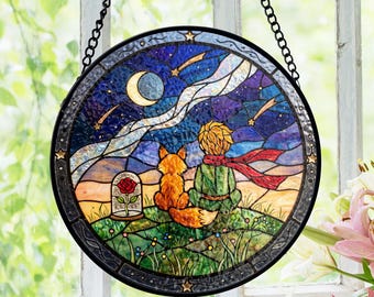 Little Prince Stained Glass Suncatcher, Fox And Rose Window Hanging, Storybook Gift For Readers, Dreamy Celestial Decor Wall Art