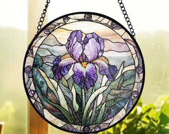 Iris Flower Stained Glass, Gardener Gift Suncatcher, Mom Birthday Gift Window Hanging, Floral Home Decor Glass Art, Botanical Art Suncatcher