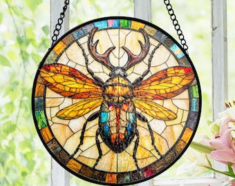 Stag Beetle Stained Glass Suncatcher, Entomology Hobby Window Hanging, Biologist Job Gift Sun Catcher, Gothic Friend Decor, Pagan Panel