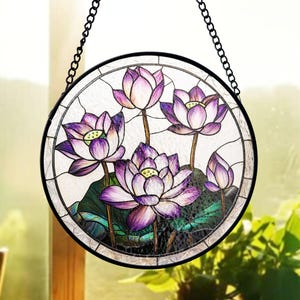 Lotus Garden Stained Glass Suncatcher, Bloom Cluster Panel, Meditation Window Decor, Botanical Floral Style, Gift for Her, Spa Accent