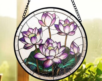 Lotus Garden Stained Glass Suncatcher, Bloom Cluster Panel, Meditation Window Decor, Botanical Floral Style, Gift for Her, Spa Accent