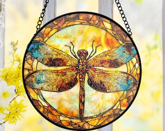 Dragonfly Lover Gift Stained Glass Suncatcher, Gardener Mom Present Window Hanging, Spiritual Friend Gift Sun Catcher