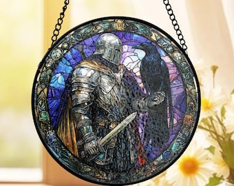 Mandalorian Knight Stained Glass Suncatcher, Fantasy Warrior Stained Glass, Gift For Gamer Dad Window Hanging, Paladin And Raven Glass