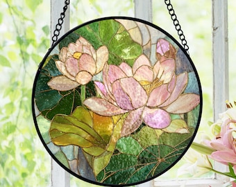 Lotus Flower Stained Glass Suncatcher, Zen Botanical Window Hanging For Mom, Yoga Lover Gift, Mothers Day Floral Decor Present Idea