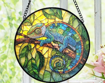 カメレオンジャングルリーフステンドグラスサンキャッチャー