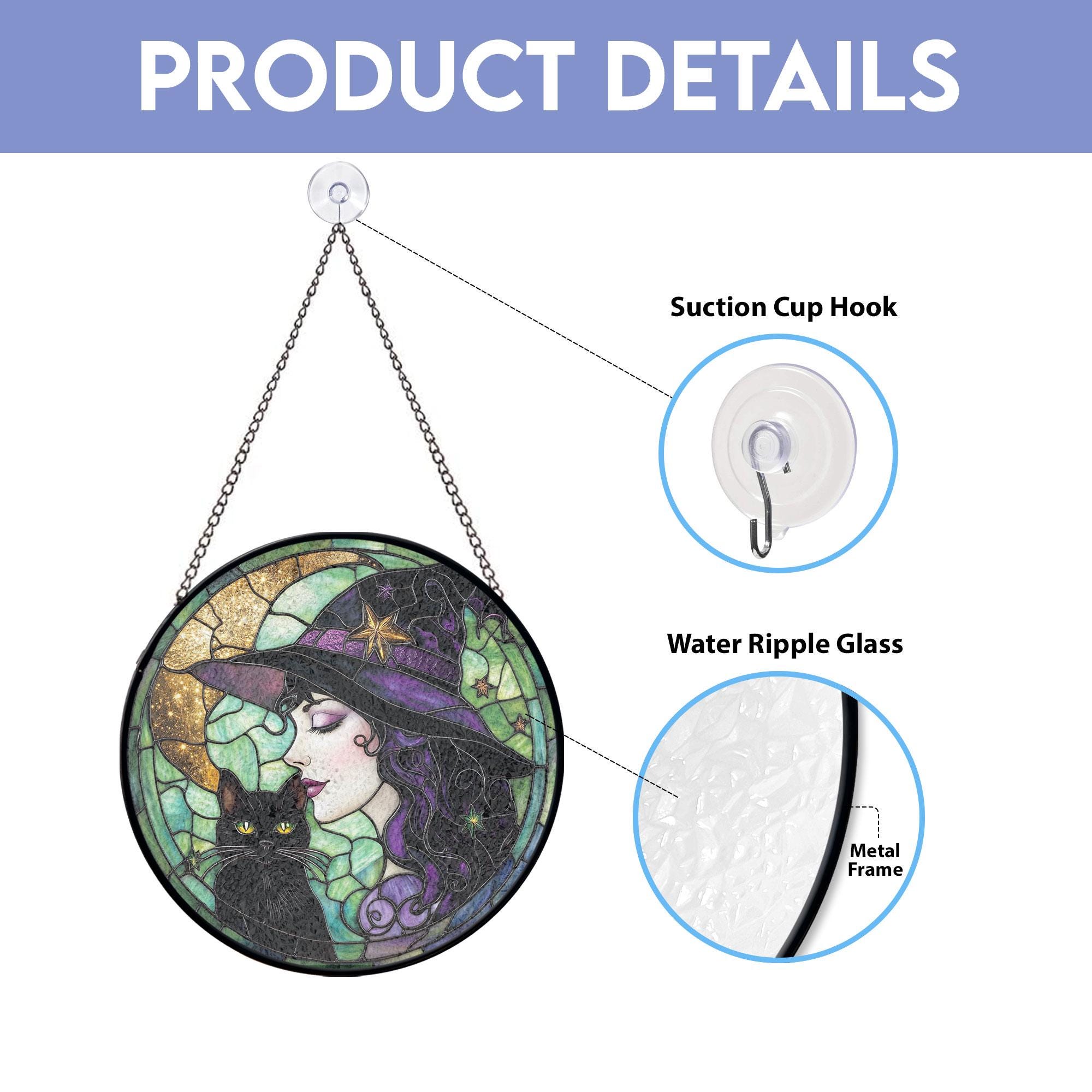 黒猫の魔女ステンドグラスサンキャッチャー、ハロウィン装飾ステンド