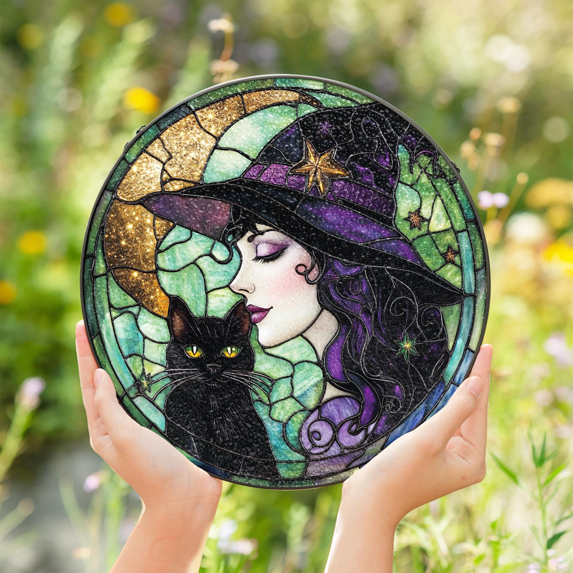 ハロウィンに ステンドグラス モビール(黒猫、魔女、おばけ