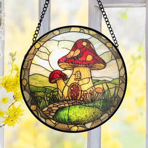 Mushroom House Stained Glass Suncatcher, Fairy House Suncatcher, Cottagecore Hobby Hanging, Gardener Gift Wall,Fantasy Lover Home Decor Gift