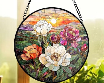 Peony Flower Stained Glass Suncatcher, Mountain Sunset Window Hanging, Gardener Gift For Mom Sun Catcher