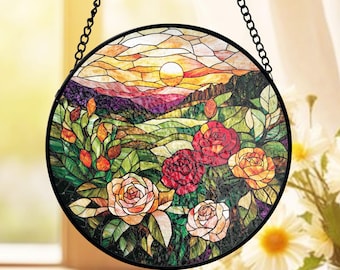 Rose Garden Stained Glass Suncatcher, Sunset Landscape Window Hanging, Gift For Gardener Mom, Floral Nature Lover Stained Glass Panel