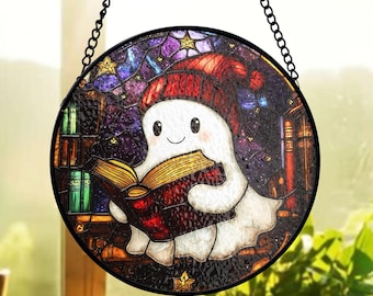 Book Lover Ghost Stained Glass Suncatcher, Librarian Friend Gift Window Hanging, Bookworm Halloween Stained Glass Suncatcher