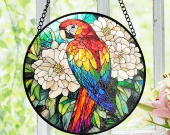 Parrot Suncatcher Stained Glass, Colorful Bird Window Decor, Tropical Floral Style, Stained Glass Look, Nature Lovers