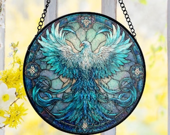 Atrapasol de fénix, vitral, pájaro majestuoso, decoración para ventana, estilo fantasía mítica, estilo vitral, amantes de la magia, idea de regalo celestial