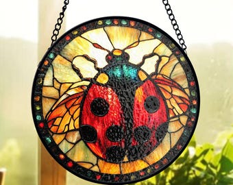 Ladybug Gift Stained Glass Suncatcher, Gardener Mom Window Hanging, Good Luck Charm Sun Catcher, Nature Lover Birthday Gift