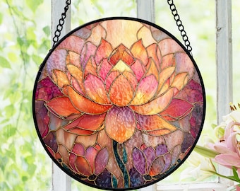 Lotus Flower Stained Glass Suncatcher, Zen Yoga Lover Gift, Spiritual Window Hanging, Mothers Day Present For Mom, Floral Sun Catcher