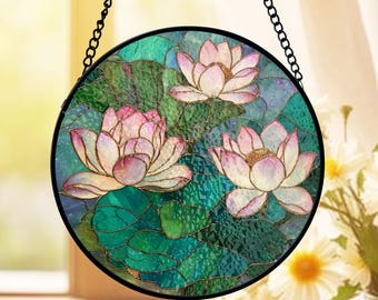 Stained Glass Suncatcher Lotus Flowers, Pink Water Lily Suncatcher, Floral Stained Glass Suncatcher, Lotus Pond Art Suncatcher
