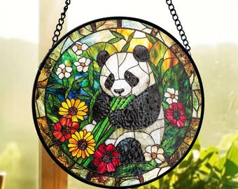 遊び心のあるパンダのステンドグラス - 竹アート - Etsy 日本